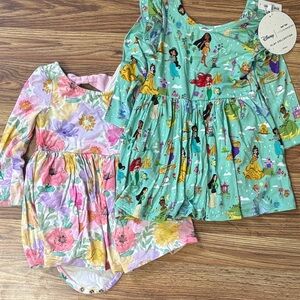 Little Sleepies Floral and Disney Princess Print Dresses - Pink and Green 18-24m